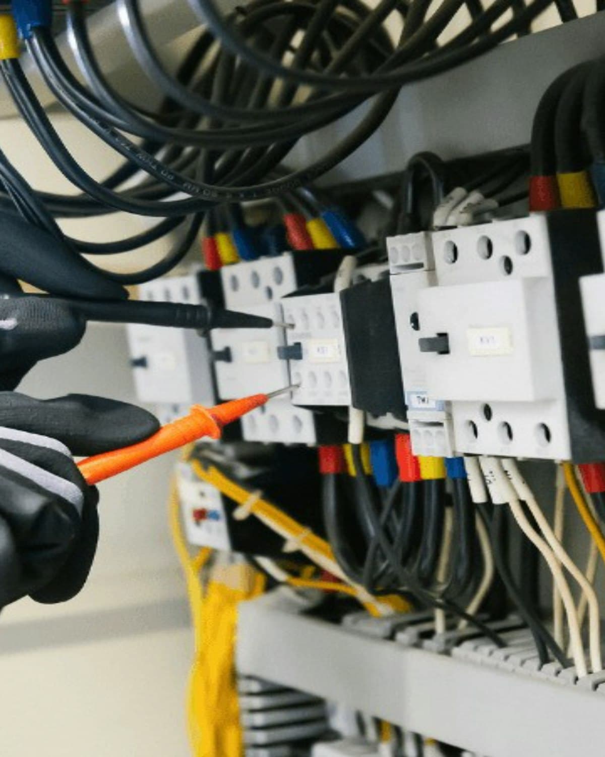 Técnico revisando un tablero eléctrico con multímetro en un mantenimiento de emergencia